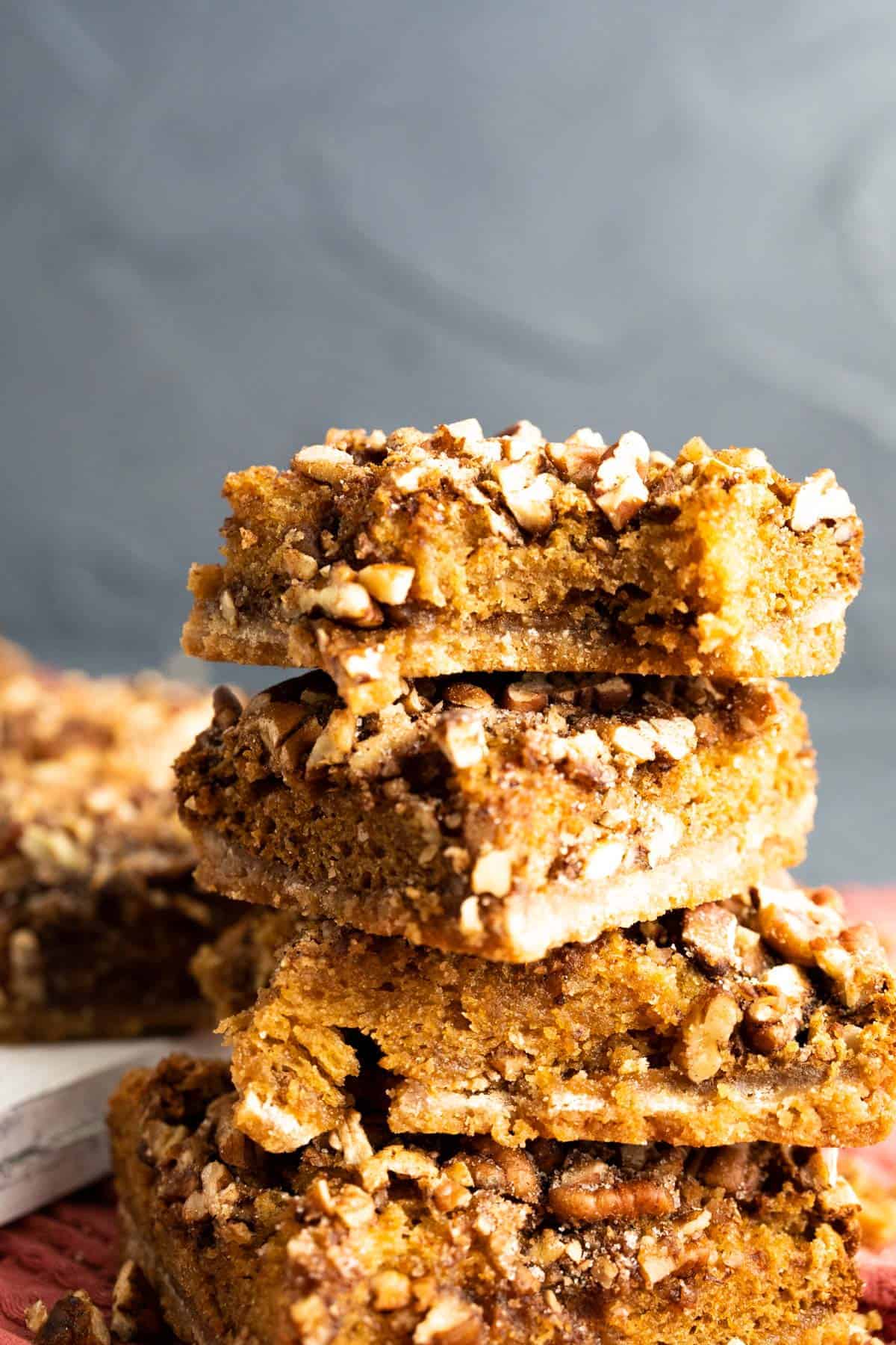 Brown sugar pecan cake overlapped on each other on a table.