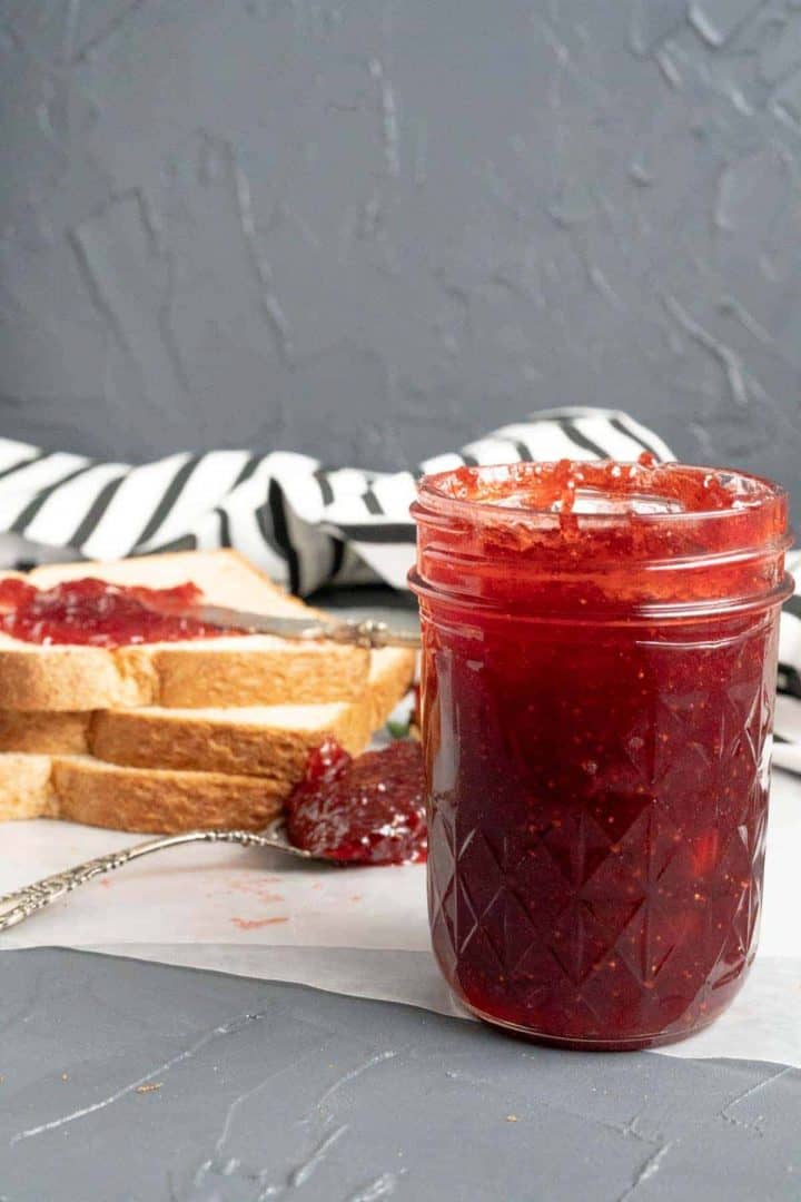 Shot of the strawberry jam in the bottle.