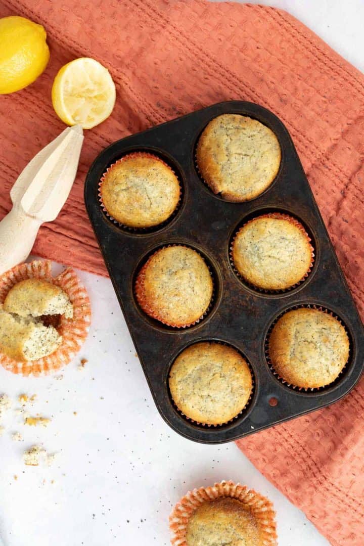 Lemon Poppy Seed Muffins in the muffin tray.