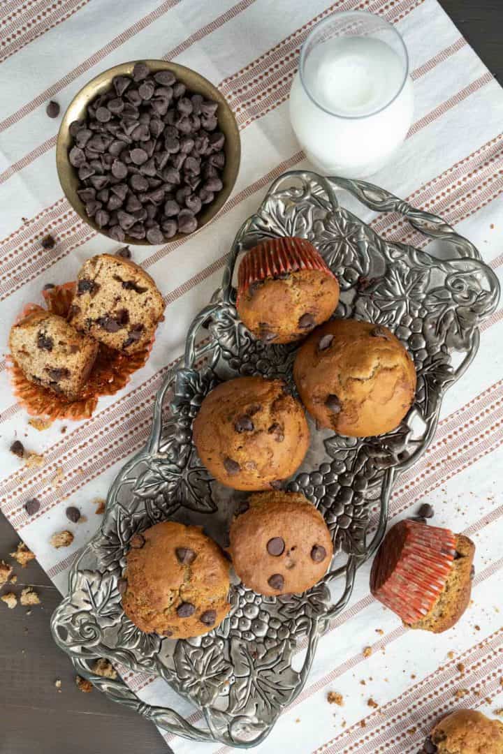 over the head shot of the muffins on the table.