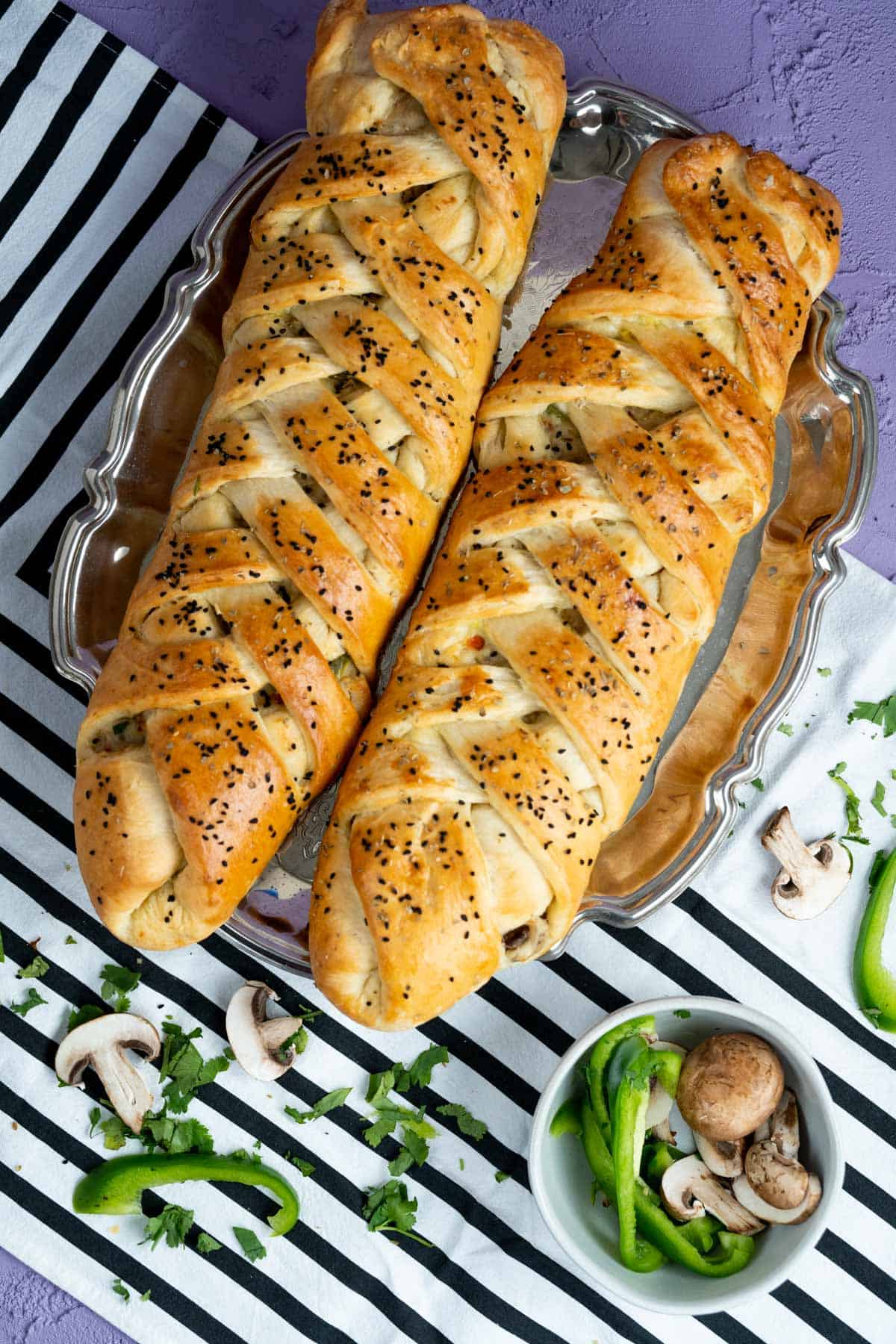 overhead shot of the two chicken breads with coriander spread on the table.  