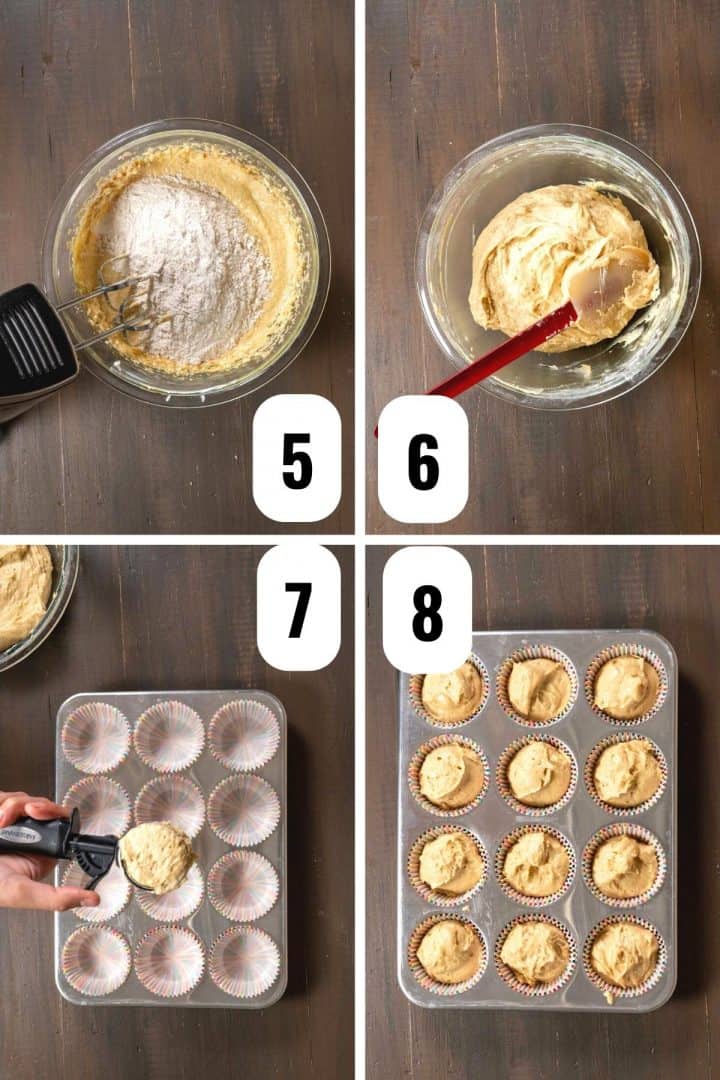 prepared cinnamon cupcakes being filled in the cupcake tray which is ready to go to oven.