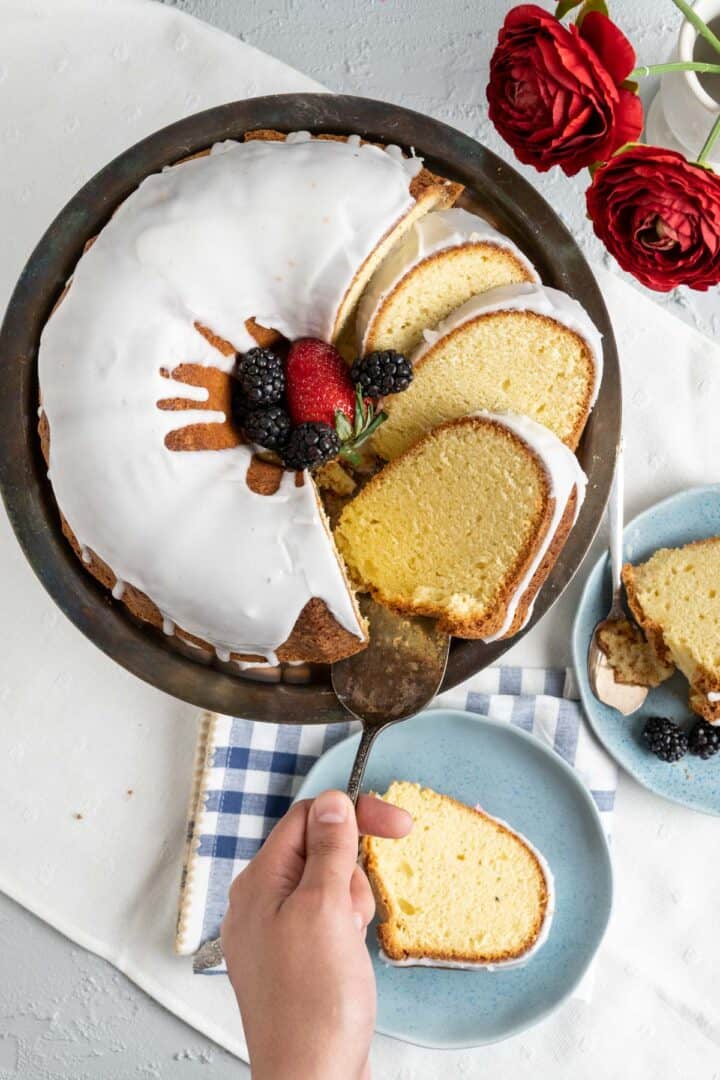 one slice of the old-fashioned sour cream pound cake on the antique gold spoon.