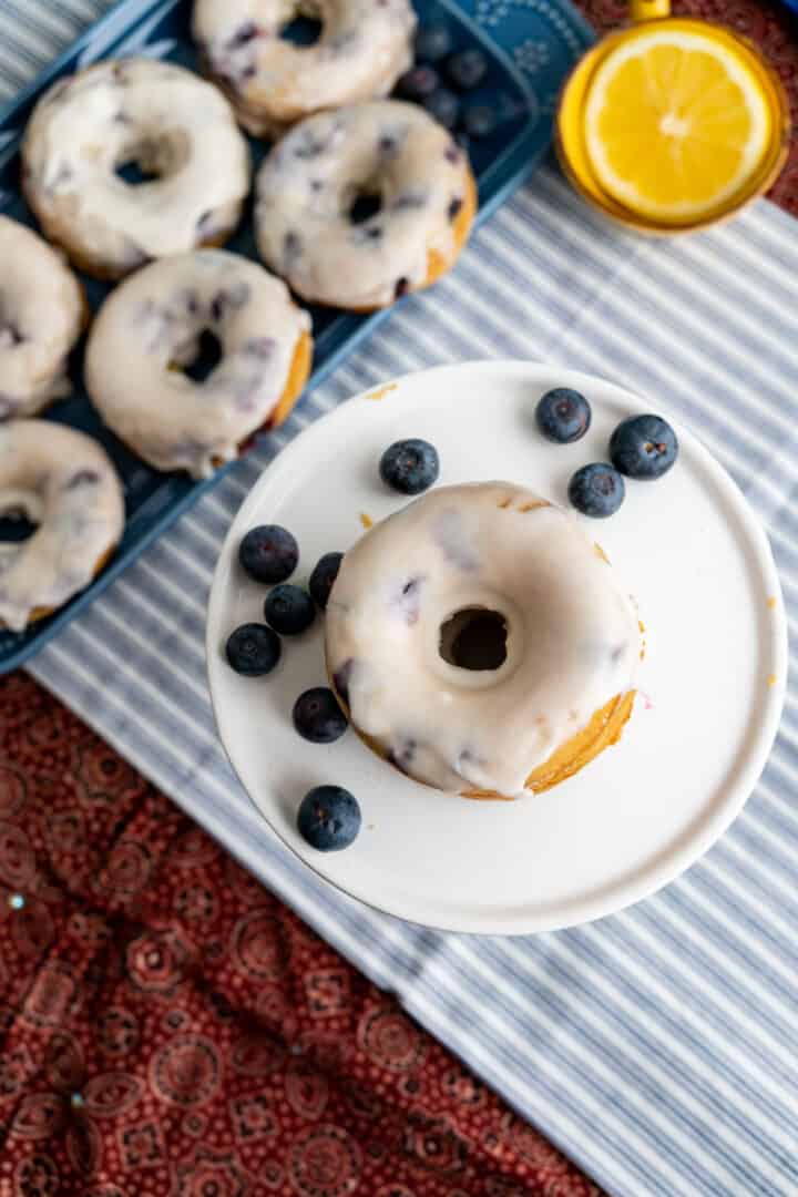 single blueberry donut in focus.