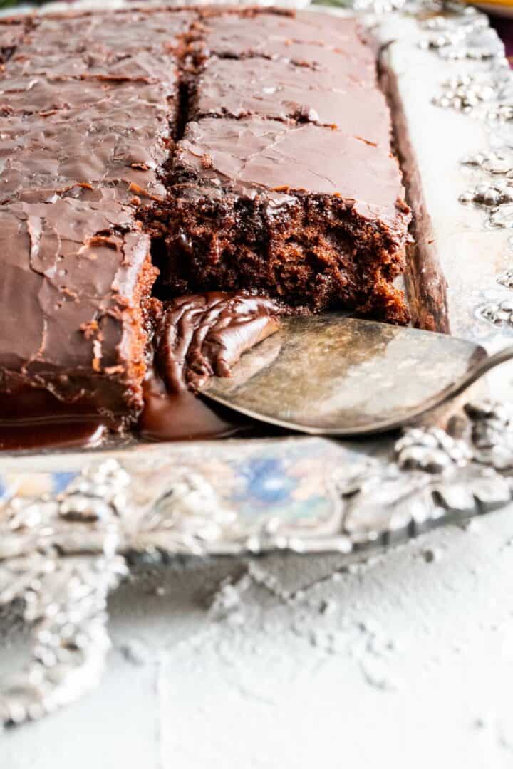 close up shot of the coca cola cake showcasing the texture.