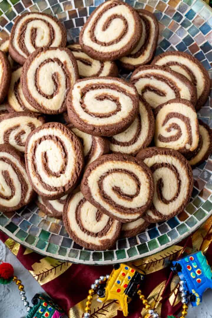 over the head shot of the chocolate pinwheel cookies.