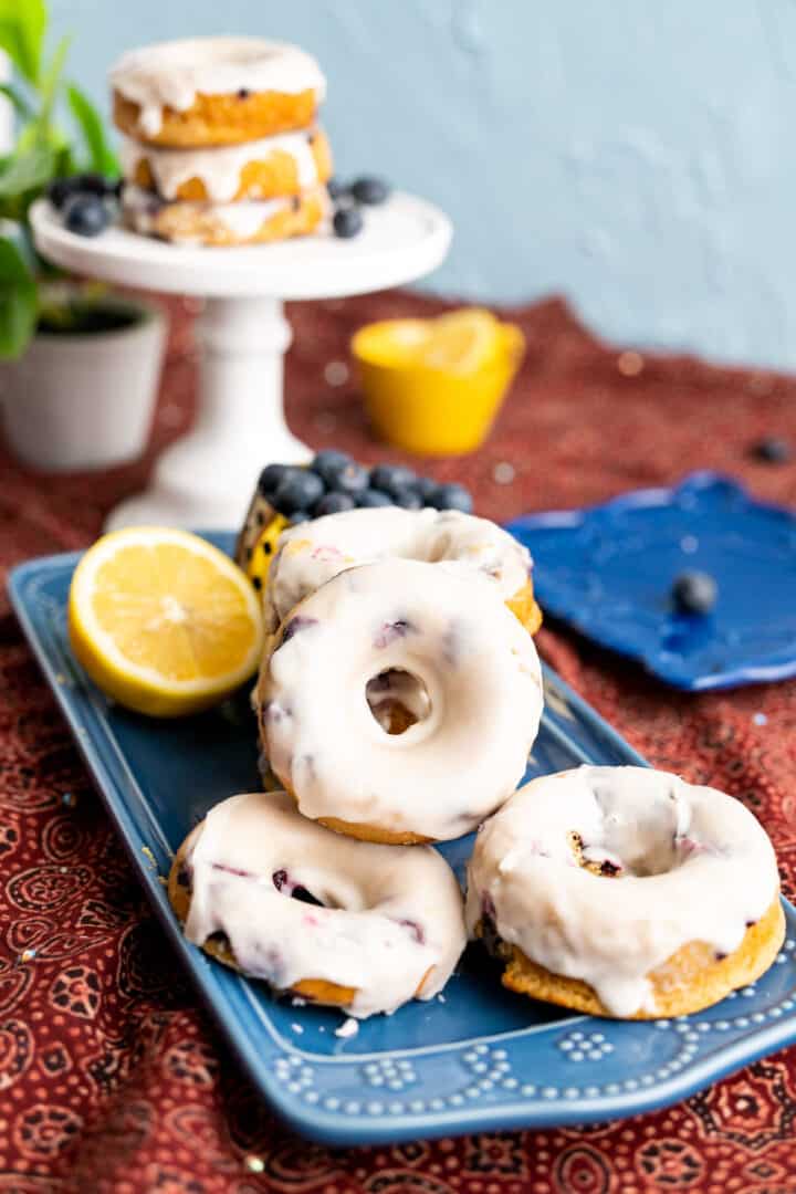 close up shot of the blueberry donuts with lemon glaze icing