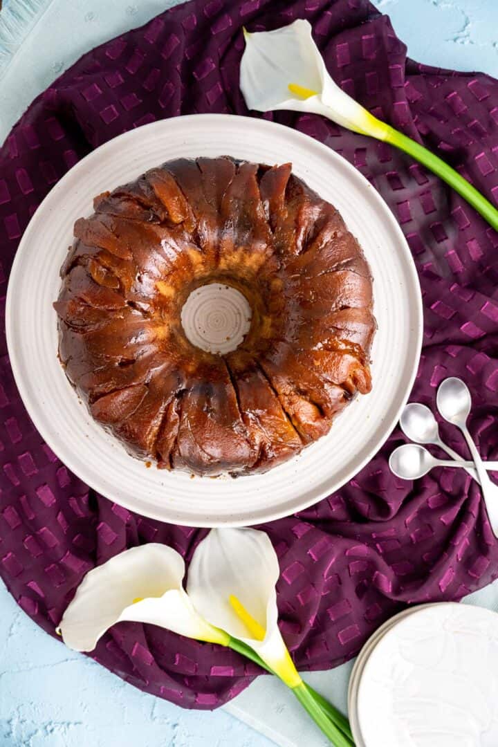 from the top shot of the peach cobbler pound cake.