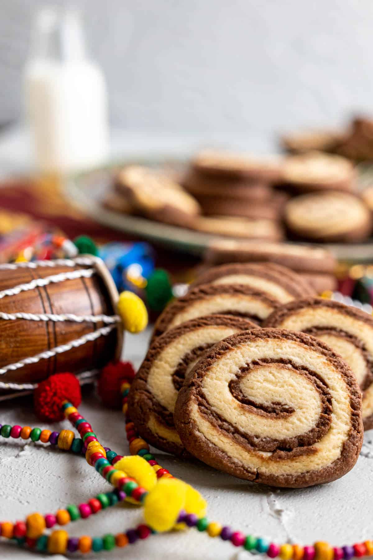 close shot of the pinwheel cookies showing the chocolate and vanilla swirls.