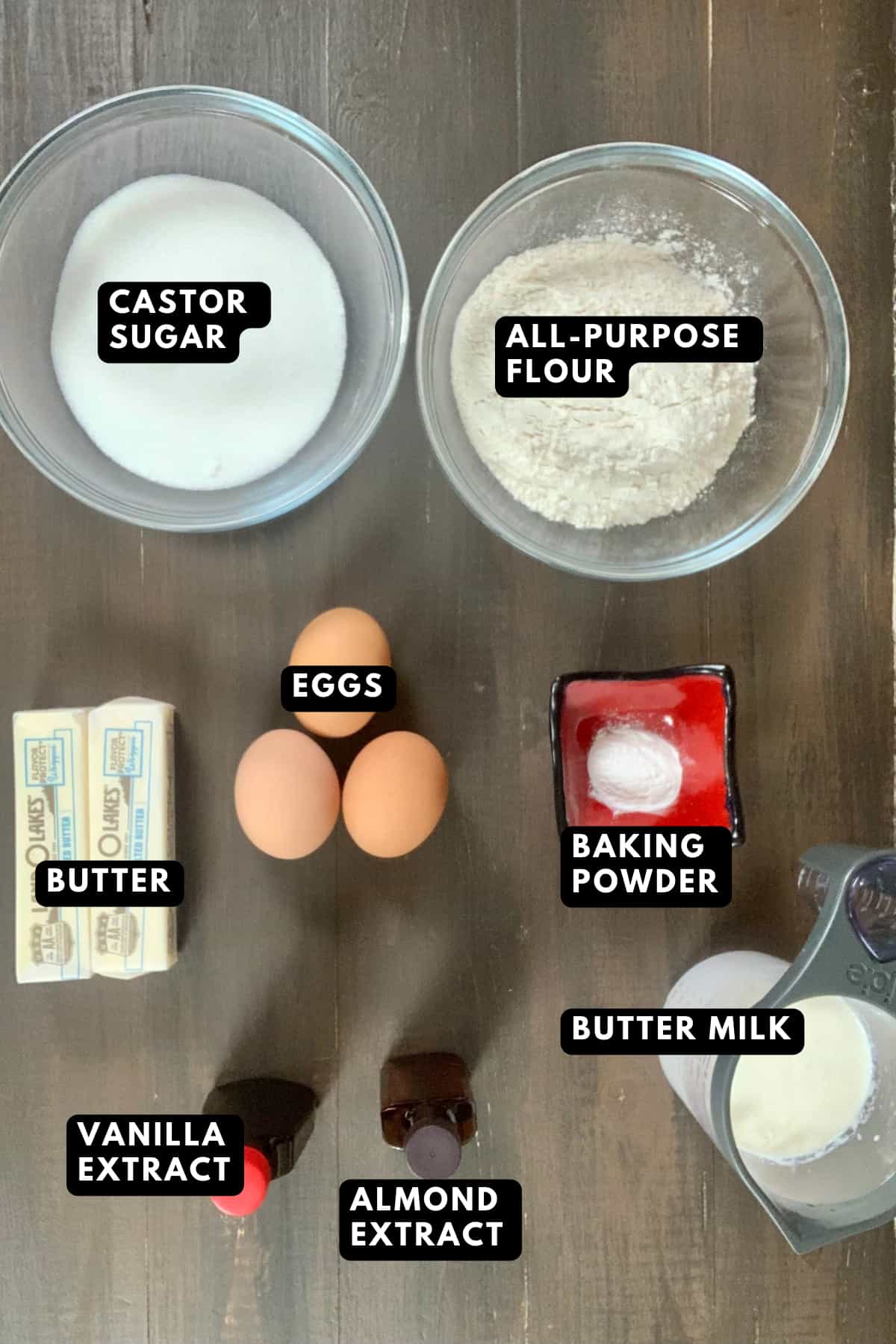 ingredients on the table for california pizza kitchen butter cake.