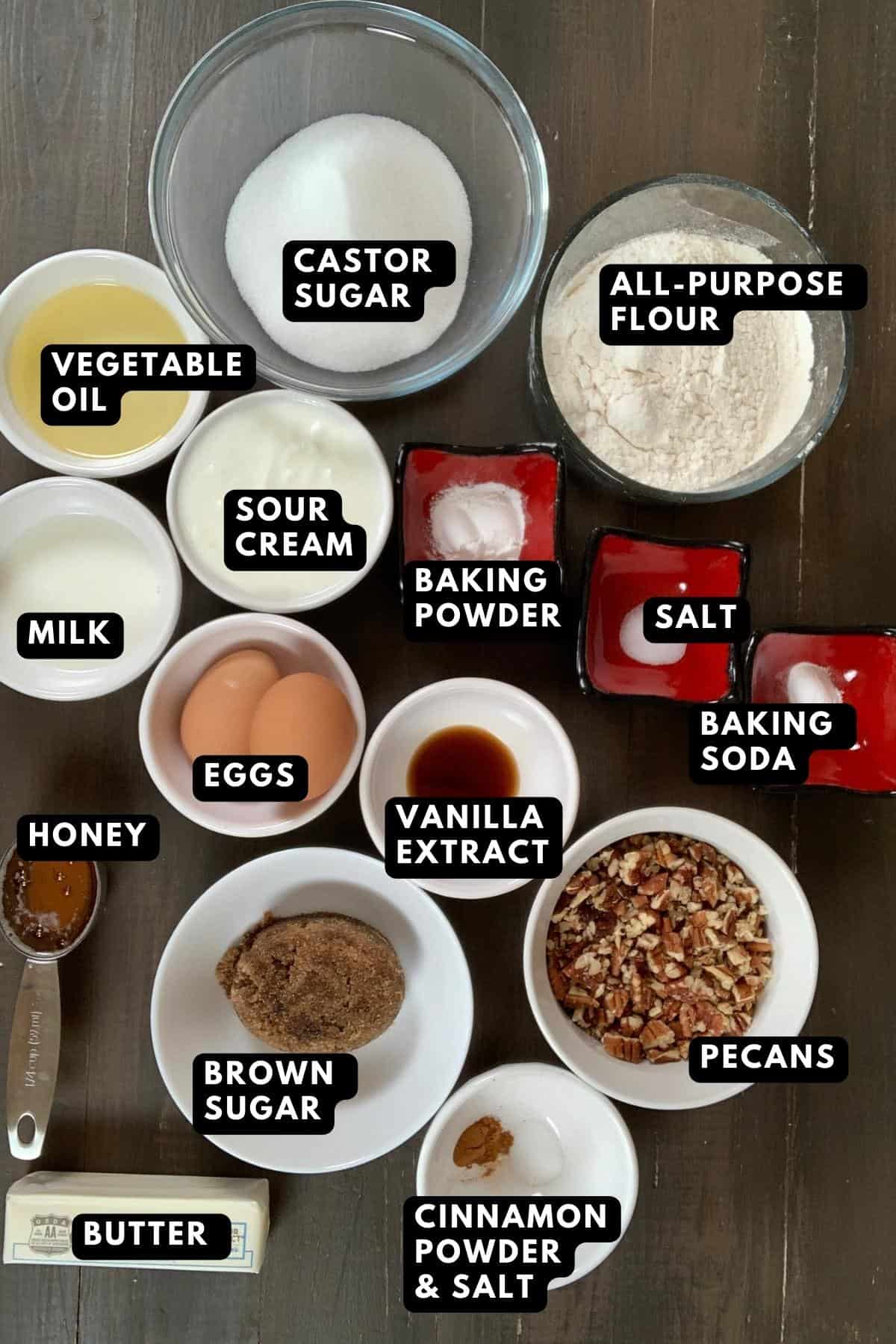 Ingredients list for pecan upside down cake.