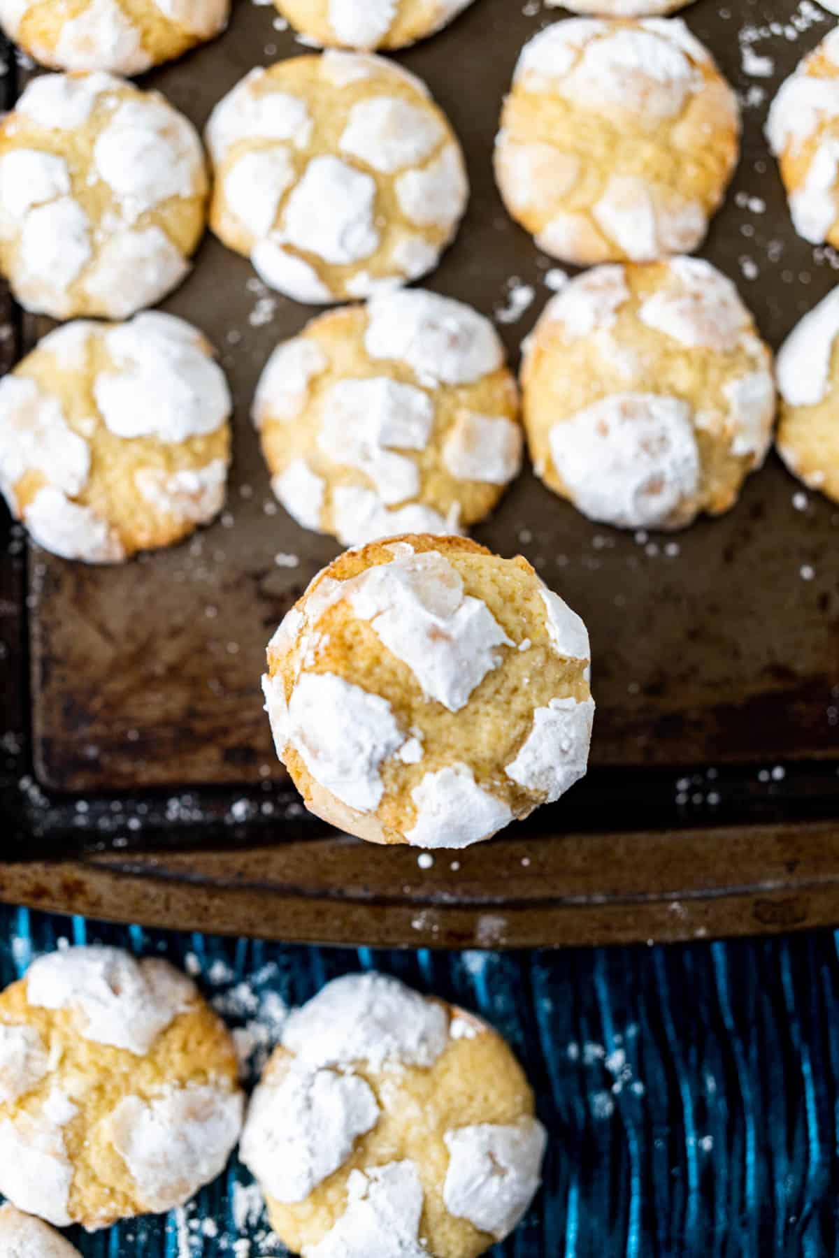 lemon crinkle cookies spread on a baking tray. 