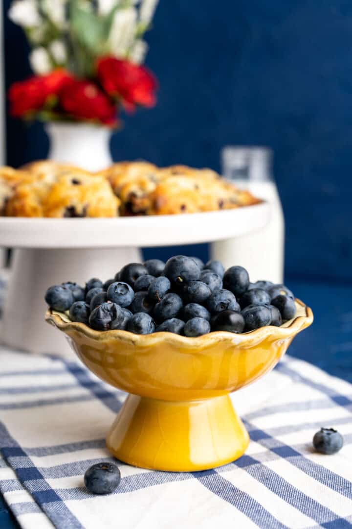 blueberries in a yellow stand on white and blue sheet.