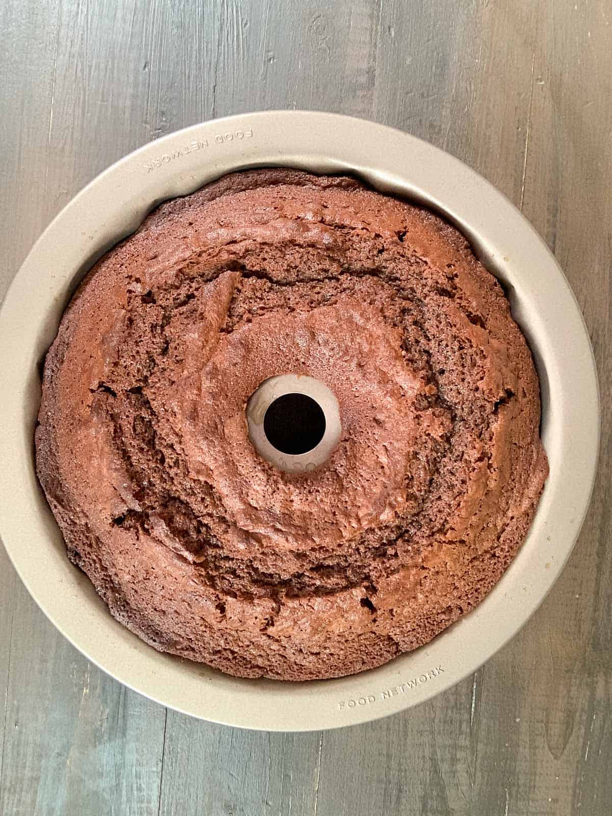 baked chocolate cake in the pan out of the oven.