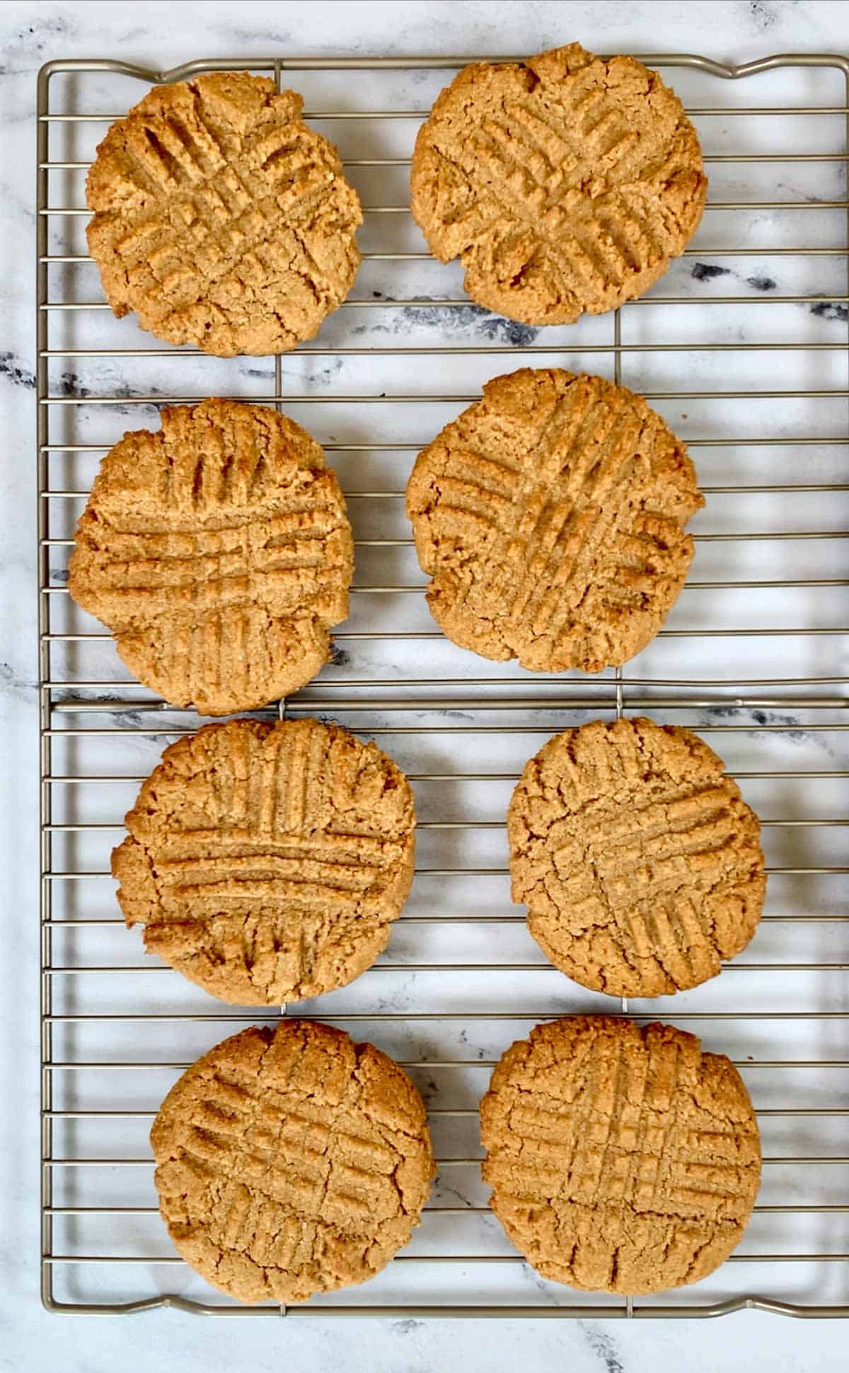 Baked almond flour peanut butter cookies placed on a wire rack to be cooled.