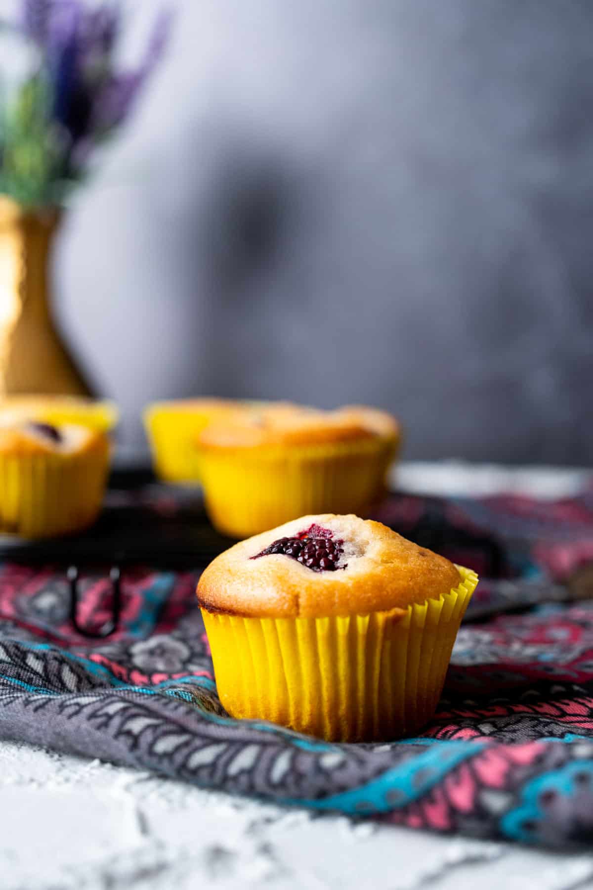 One vegan blackberry muffin with other muffins in the background.