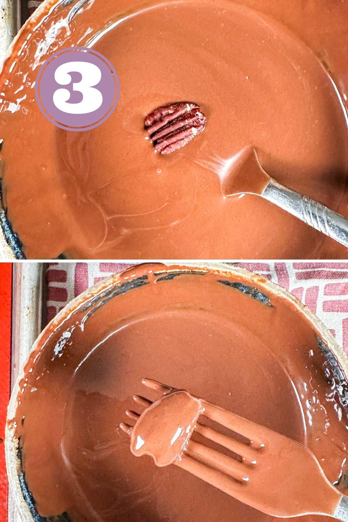 dipping the pecans using the fork in melted chocolate for chocolate covered pecans.