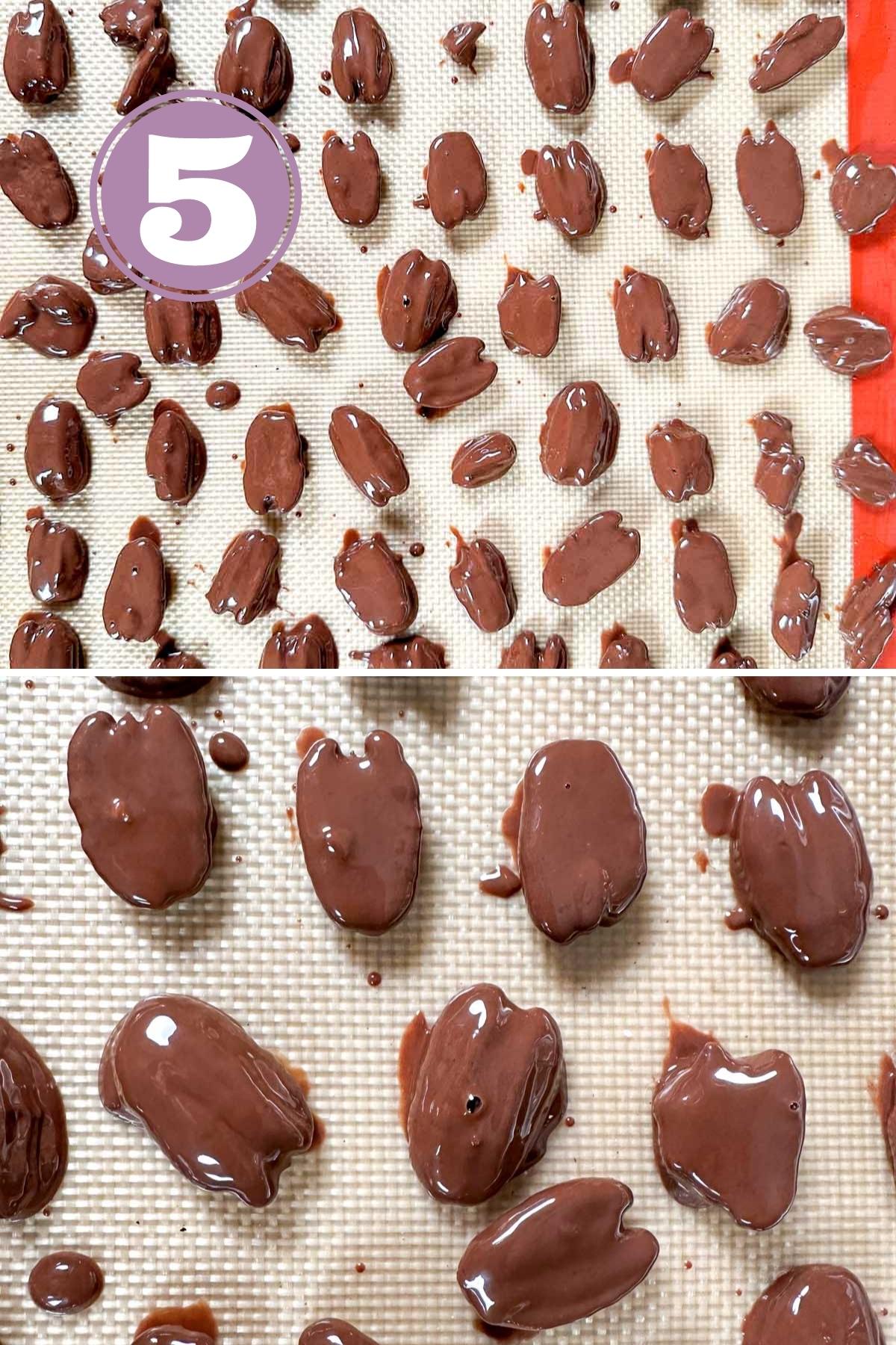 close up of pecans dipped in chocolate on the silicone mat.