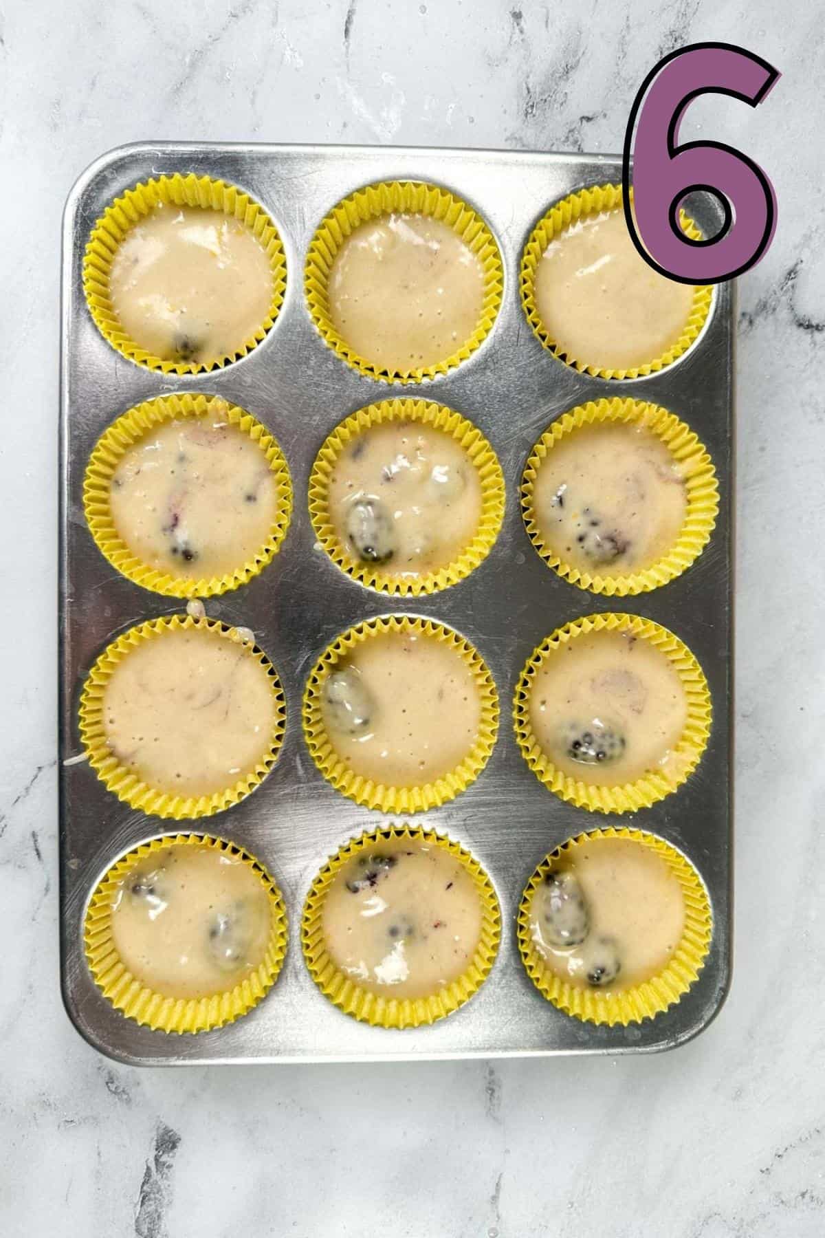 Muffin tin with filled muffin batter ready to go into the oven.