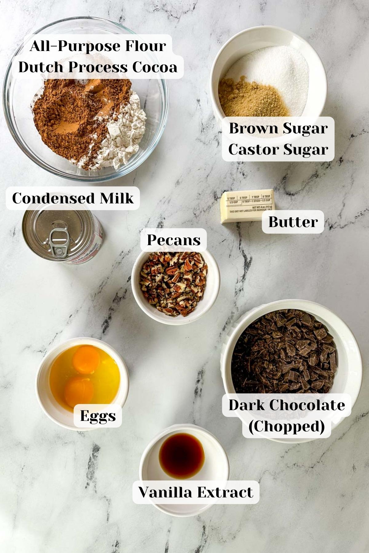 Ingredients for condensed milk brownies.