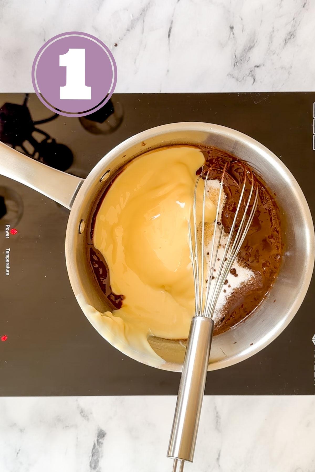 Heating the condensed milk, butter and chopped dark chocolate in a saucepan on heat.