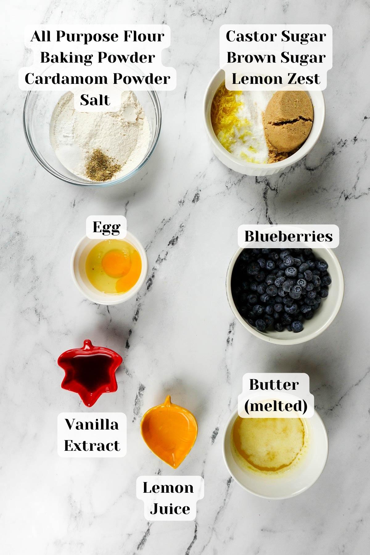 ingredients for blueberry blondies on the table.