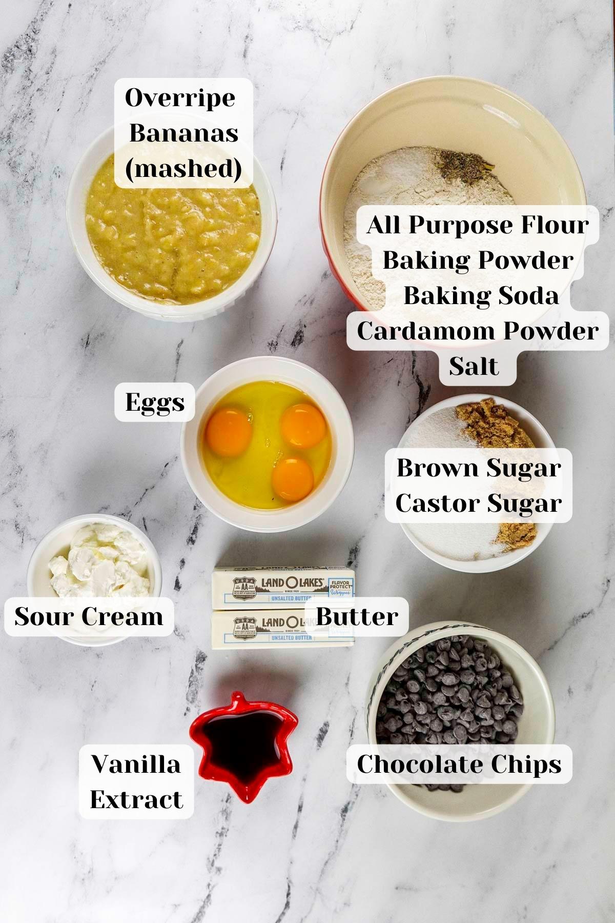 ingredients for banana chocolate chip bundt cake.