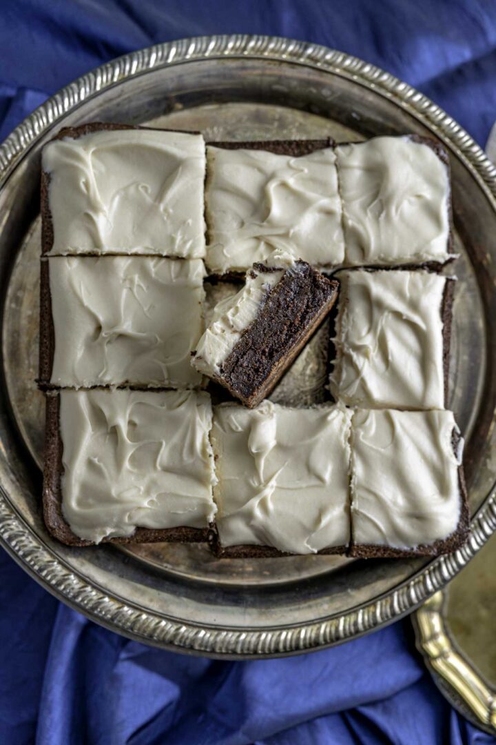 overhead shot of the chocolate brownie with cream cheese frosting.