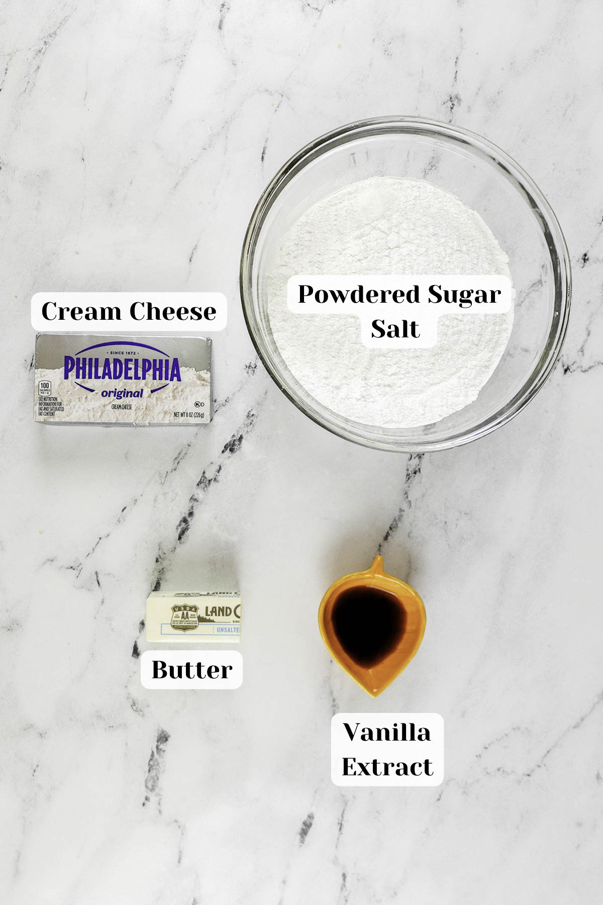 overhead shot of ingredients for cream cheese frosting.