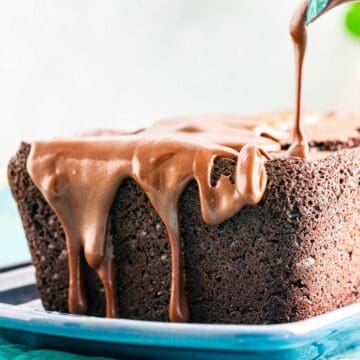 chocolate ganache pouring over the brownie bread.