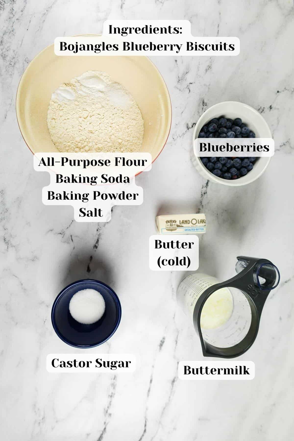 overhead shot of ingredients for bojangles blueberry biscuits.