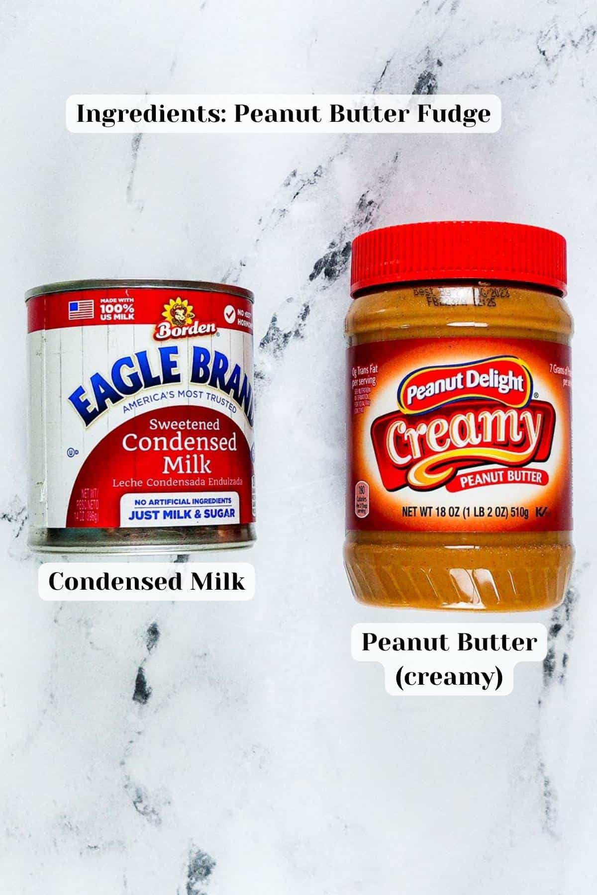 ingredients for 2-ingredient peanut butter fudge with condensed milk recipe.