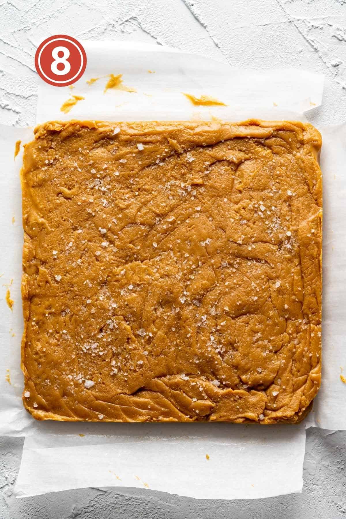 refrigerated peanut butter fudge out of the pan ready to be served.