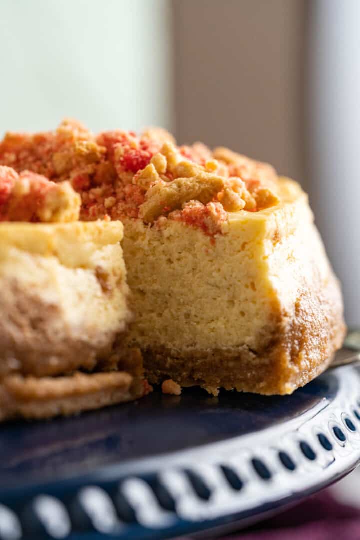 strawberry creamcheese cake piece on the blue cake plate.