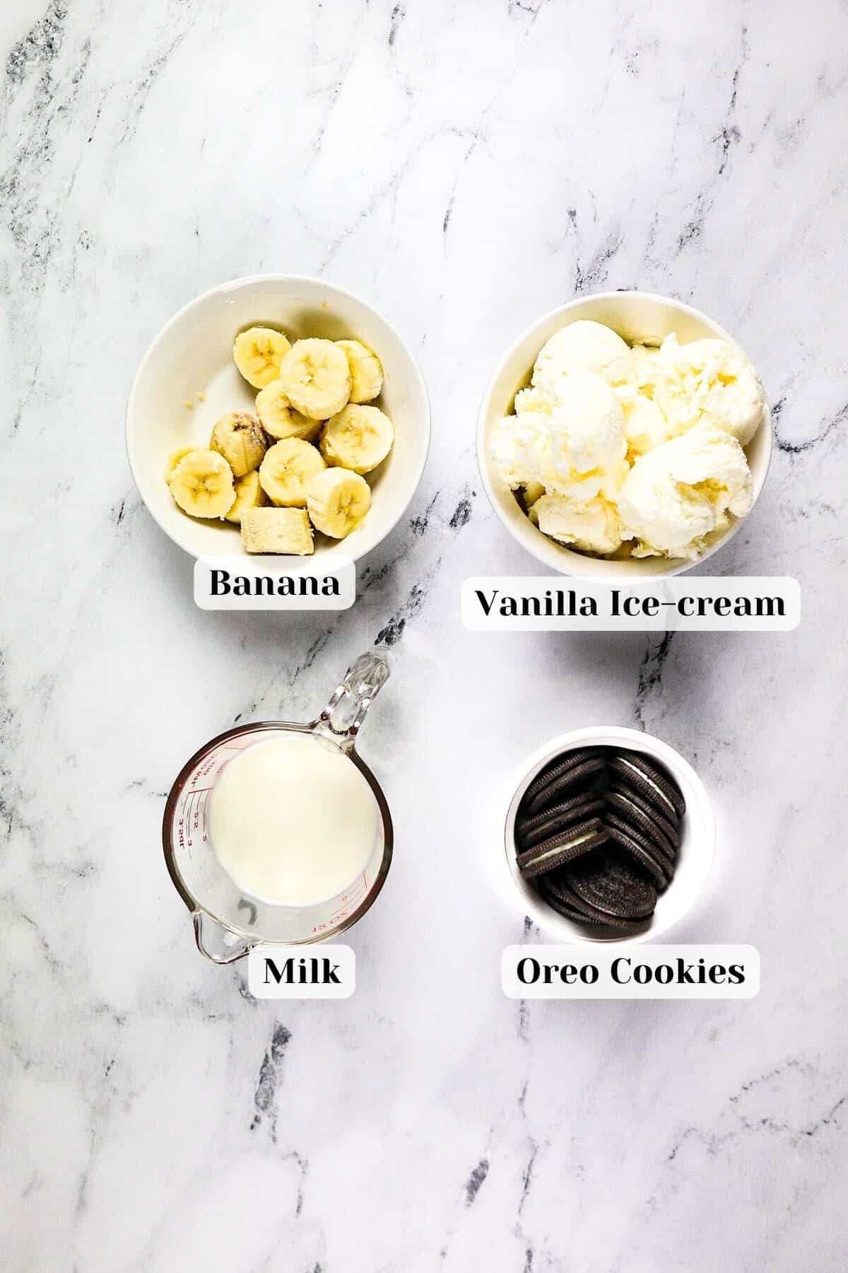 Ingredients for the oreo banana milkshake.