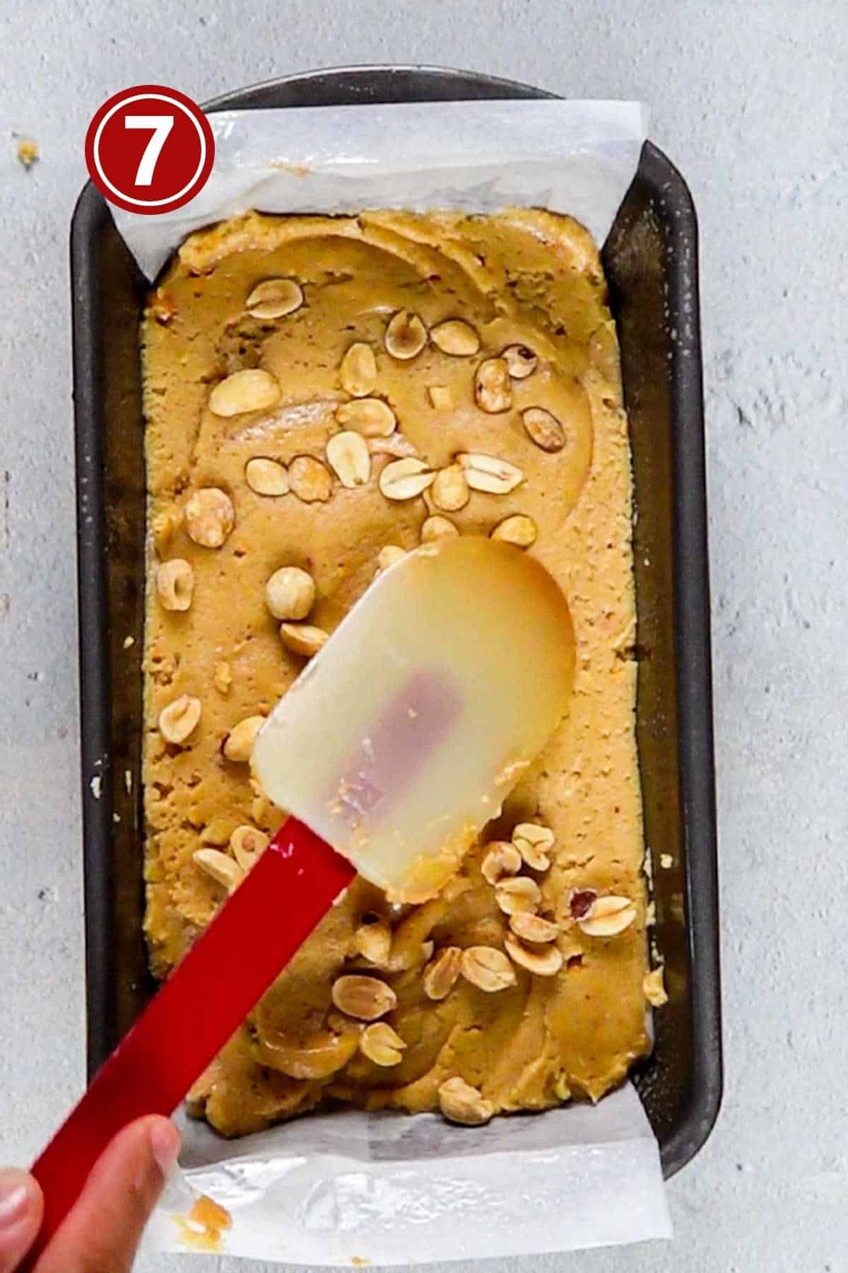 Bread batter in the pan ready to go into the oven.