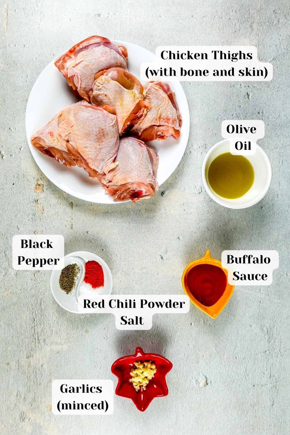 Ingredients for buffalo chicken thighs.