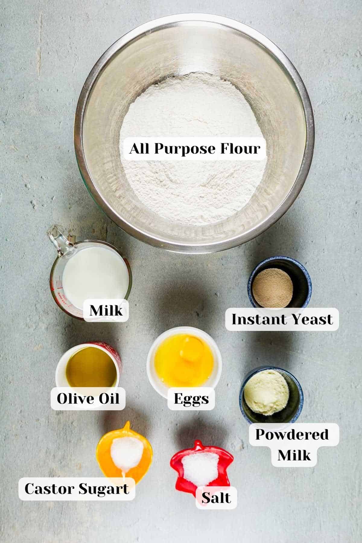 overhead shot of ingredients for bread dough on the table.