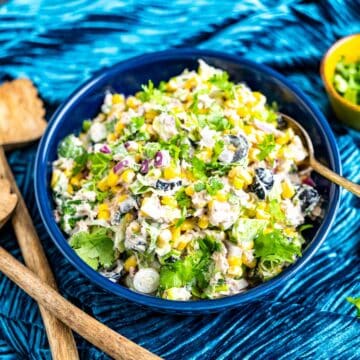 tuna corn salad in blue plate.