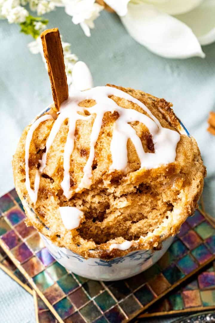 overhead shot of mug cake showing the moist and fluffy texture of the cinnamon mug cake.