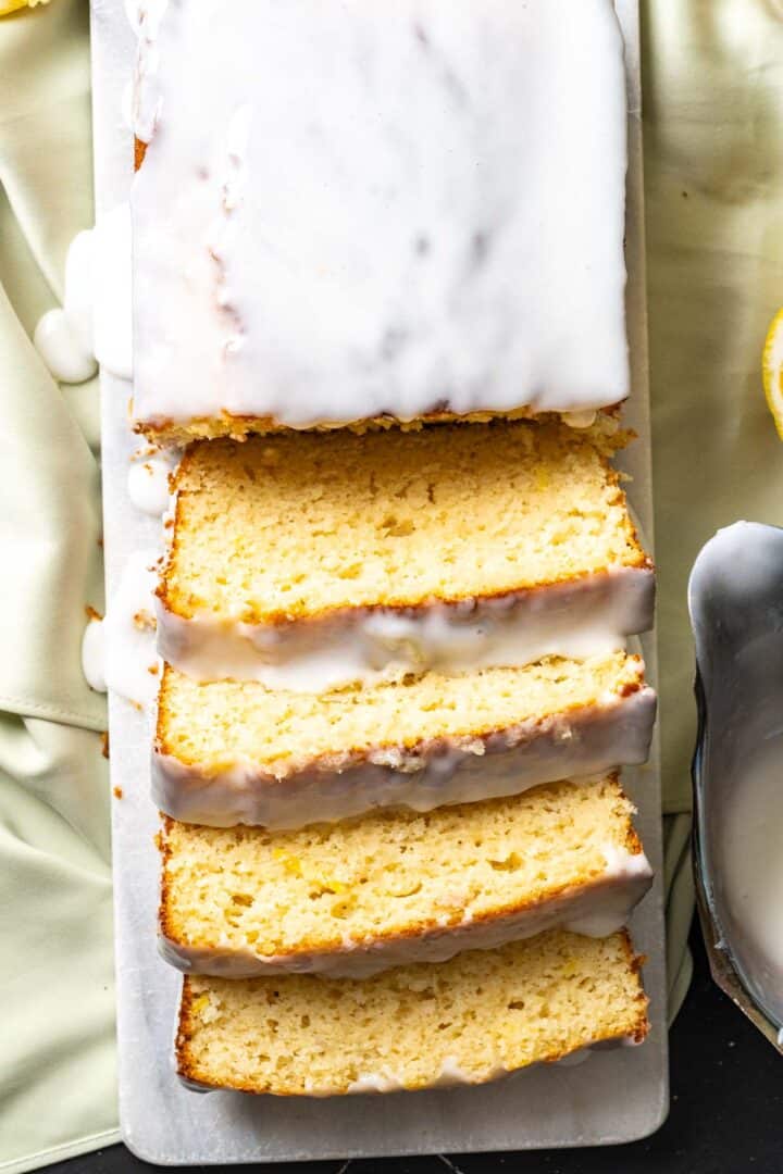 overhead shot of the pound cake cut pieces sitting on a white tray.