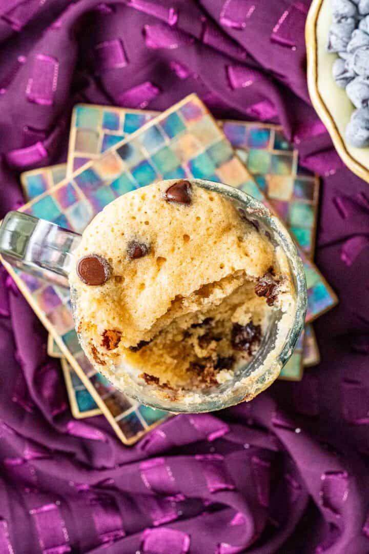 overhead shot of chocolate cake in a mug showing texture.