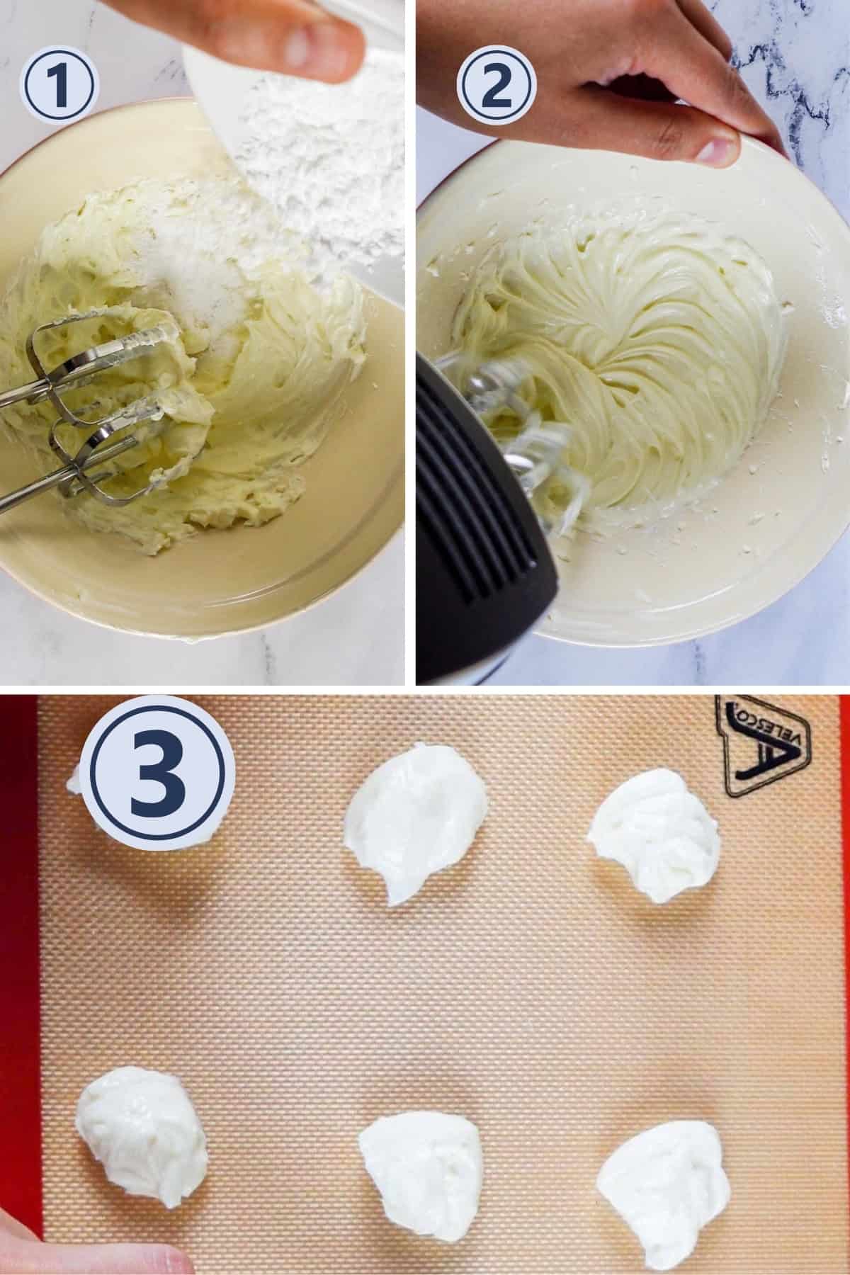 cream cheese filling dollops on baking tray.