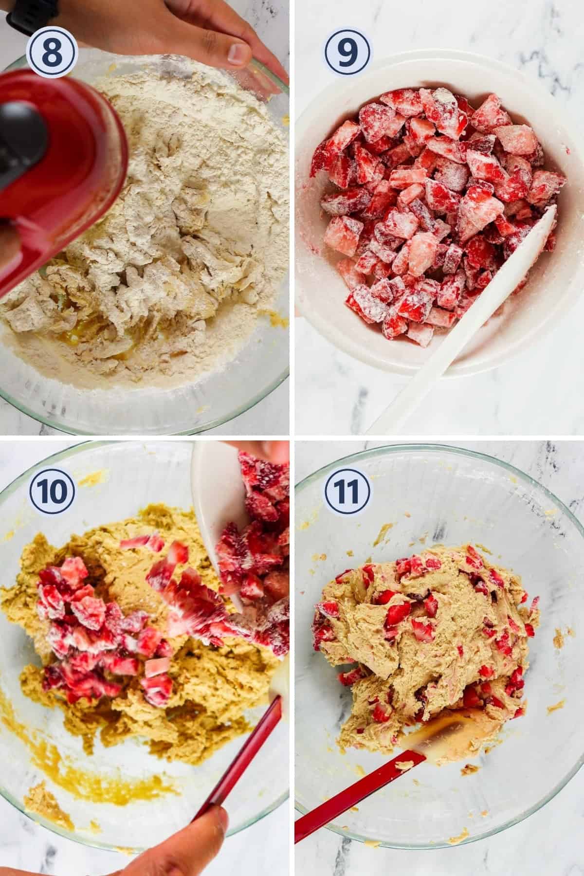 Mixing strawberries in the cookie dough.